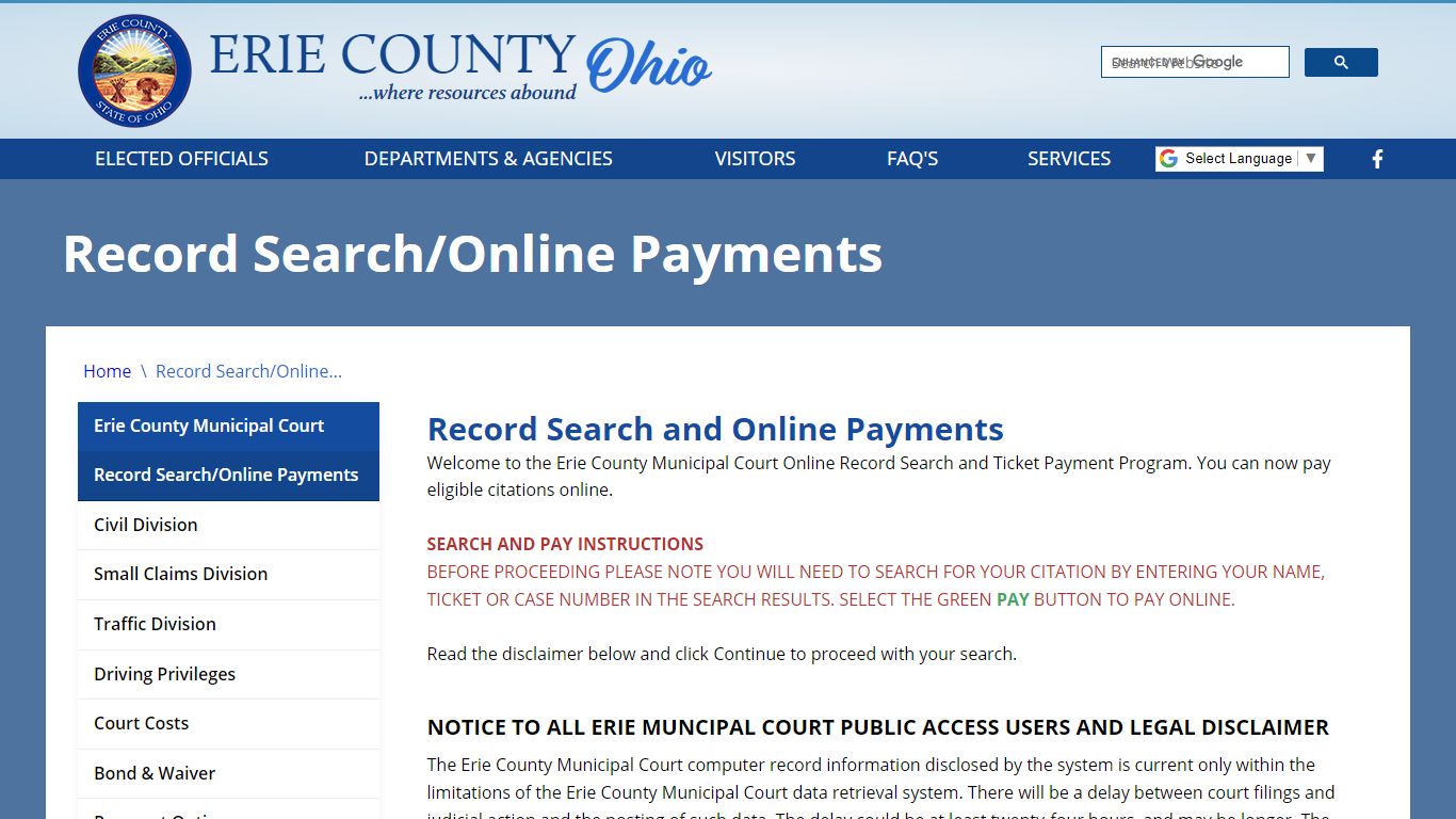 Record Search/Online Payments - Erie County, Ohio